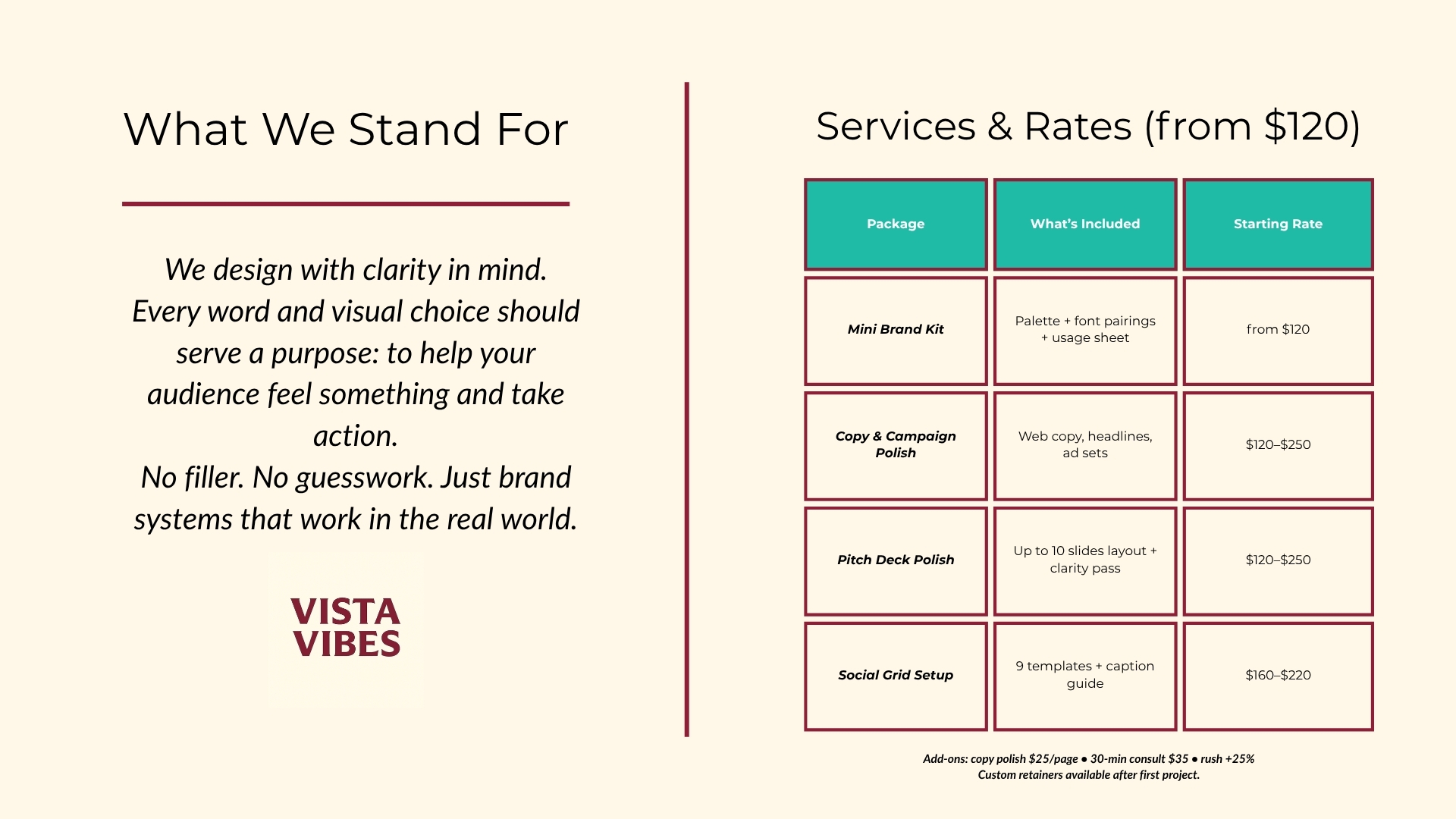 What We Stand For and Services & Rates